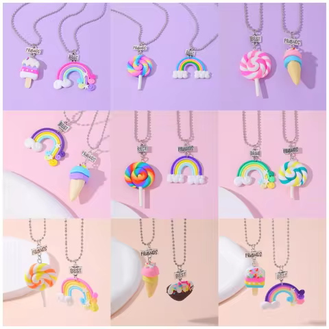 15 Style Polymer Clay Pendant Best Friends Necklace Set BFF Fimo Rainbow Lollipop Ice Cream Cones Ch