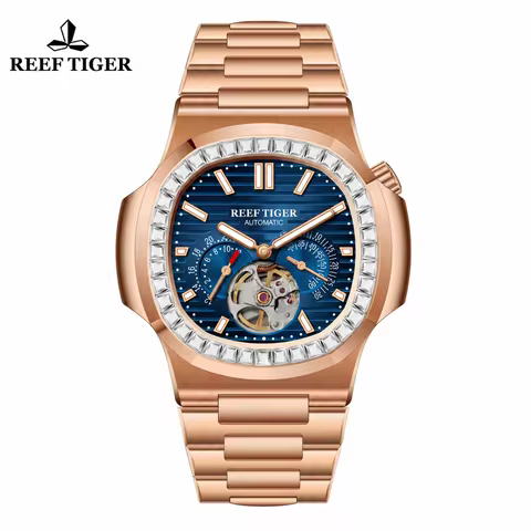 Reef Tiger New Men's 44mm Square Automatic Mechanical Watch: Luminous, Sapphire Crystal, 24-Hour Sub