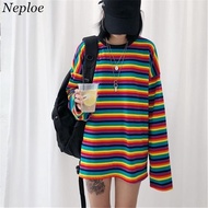 Neploe Rainbow Stripe T Shirt Autumn Harajuku Female Shirt Long Sleeve Plus Size Tshirts Woman Korea