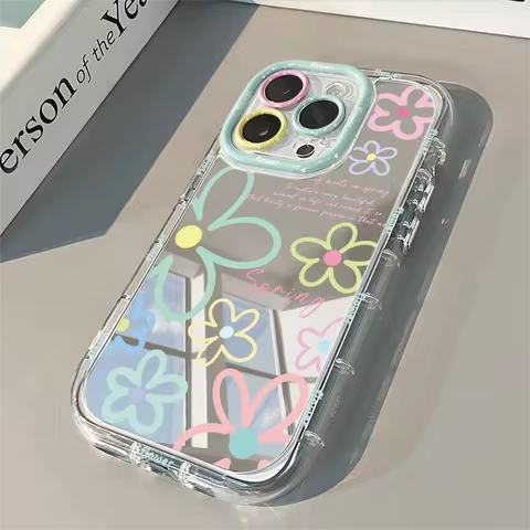 INS Lovely Love Flowers Makeup Mirror Case For iPhone 16 15 13 14 Pro Max 13 11 12 XR XSMAX Silicone