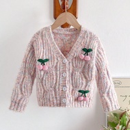 1pc Girls' Cardigan, Sweet & Cute Style, Polka Dot Knit, Cable Texture, 3D Cherry Decor, White Verti