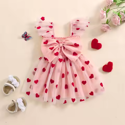 6M-4Y Toddler Girls Tulle Dress Heart 3D Bow Flutter Sleeve A-Line Spring Summer Valentine's Day Dre