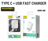 PAVAREAL K09-UK  30W 3.0A Type C + USB Fast Charging Adapter Charger