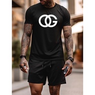 1 piece, 100% cotton T-shirt, premium plus size men's clothing: "OG" cross lettering graphic
