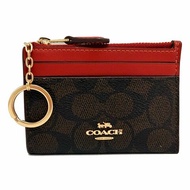[全新] COACH  C LOGO悠遊卡夾鑰匙零錢包(深咖/紅)