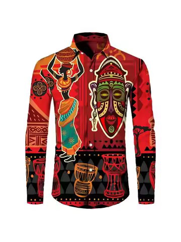 African Ethnic Pattern Hawaiian Shirts For Men Retro Drum 3D Printed Blouse Autumn Fashion Casual Lo