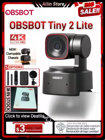 OBSBOT Tiny 2 Lite PTZ 4K Webcam 1080p@60fps HDR With AI Tracking Privacy Cover·Microphone 1/2" Sens