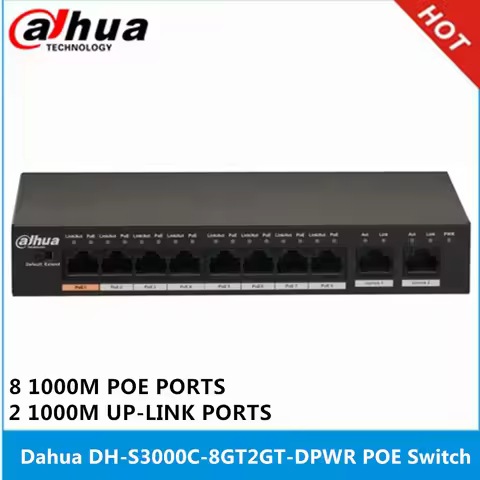 Dahua DH-S3000C-8GT2GT-DPWR 8 Gigabit PoE Switch 2 up-link ports max 250m Power Transit Distance Sup