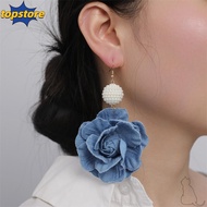 TOPSTORED Blue Rose Earrings, Ornament Exaggerate Denim Blue Fabric Earrings, Denims Handmade Denim 