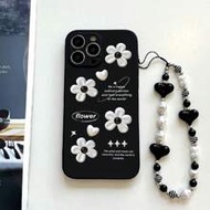 เคสโทรศัพท์กันกระแทกลายดอกเดซี่ Y2K สไตล์ TPU สีดำ 1 ชิ้น และสายคล้องหัวใจลายตาแมวสีขาวดำ 1 ชิ้น, เข