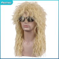 PENJIPH Halloween Party Cosplay Wig, Punk Fluffy 70s 80s Rockstar Wig, Long Curvy Mullet Wig