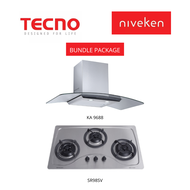 (HOOD + HOB) Tecno KA 9688/ KA9688 Tempered Glass Designer Chimney Cooker Hood + Tecno SR 98SV / SR98SV (90cm) 3-Burner Stainless Steel Cooker Hob