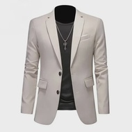 ผู้ชายสีขาวอย่างเป็นทางการแจ็คเก็ตสองปุ่มแขนยาวเกาหลีเสื้อสูทบุรุษสํานักงานสวมงานแต่งงาน Blazer