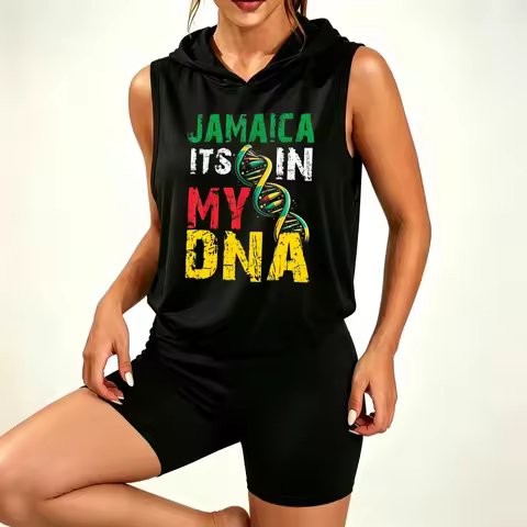 Women's 2 Piece Outfit, Sleeveless Hooded Tank with Jamaica It's In My DNA Print & High Waist Stretc