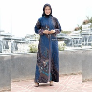 baju gamis batik wanita terbaru kombinasi polos jumbo modern - merak navy xl