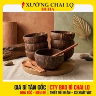 Combo Coconut Shell Bowl 13–15cm + Coconut Wooden Spoon | Natural Powder, Cereal, Healthy Food