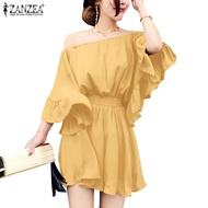 ZANZEA Women Korean Fashion Casual One-Shoulder 3/4 Sleeves Wrapped Waist Short Jumpsuit With Pockets