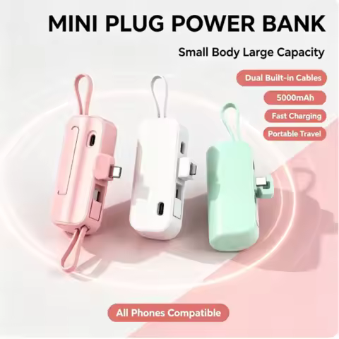 Mini Power Bank 5000mAh Compact Portable Charger Pocket Power Bank Comes with Plug for IPhone Xiaomi