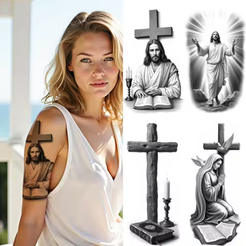 3pcs Temporary Tattoo Crown Of Thorns Waterproof Long-lasting Body Stickers Cross With Dove And Chil