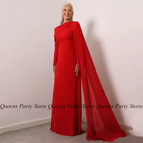 Red Mother of The Bride Dress with Wing Long Sleeves Pleat Customized Chiffon Wedding Guest Gown Eve