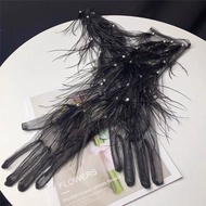Ostrich feather gloves with pearls