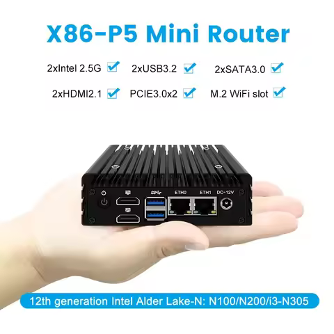 Topton P5 12th Gen Palm Fanless Mini PC Intel i3 N305 N150 N100 DDR5 NVMe 2x2.5G LAN 2xSATA Homelab 