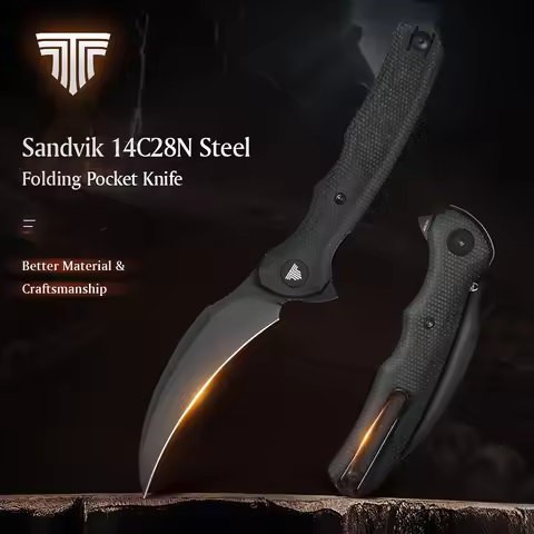 TRIVISA EDC Pocket Folding Knife for Men ,Pikal Flipper Knife with Clip，3.34" 14C28N Steel Hawkbill 