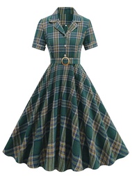 Dress Model Baru อังกฤษสไตล์วินเทจ50S ชุดกระโปรงงานเลี้ยงเทศกาลคริสต์มาสลายสก๊อตสลิมฟิตแบบพินอัพสวิง