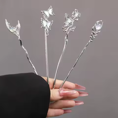 Neo Chinese Style Hairpin Glitter Crystal Flower Butterfly Feather Shaped Metal Hair Stick Trendy Gi