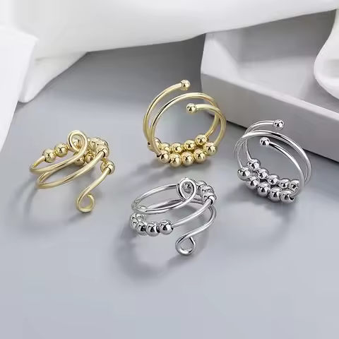 Bohemian Rainbow Beads Anxiety Ring Rotate Freely Anti Stress Fidget Spinner Rings For Women Girls F