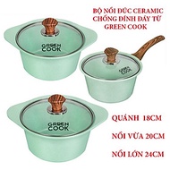 [Dùng Mọi Loại Bếp]Bộ nồi đúc, quánh đúc đáy từ men chống dính ceramic  Greencook GCS05 và GCS02 màu