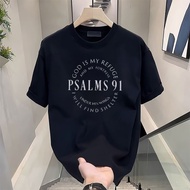 Men's 100% cotton summer loose fit Trendy Letter Psalms 91 Letter Ring Pattern print casual round ne