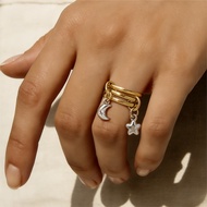 Moon Star Dangle Pendant Spinelli Rings For Women Girls Gold Color Stainless Steel Interlocked Ring 