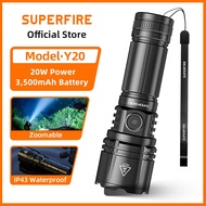 SUPERFIRE Y20 20W Super Bright LED Zoom Long Shot ไฟฉาย 760M USB ชาร์จไฟฉายแบบพกพากันน้ำสำหรับ Campi