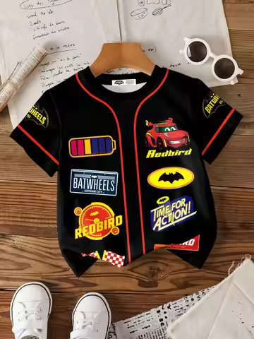 Batwheels X SHEIN Casual Street Letter & Cartoon Pattern Contrast Piping Short Sleeve T-Shirt, Summe