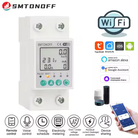 Tuya Smart Life WiFi Smart Energy Meter Power kWh Meter Earth Leakage Over Under Voltage Protector W