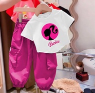 Setelan anak perempuan baju kaos celana cargo anak motif barbie 1-5tahun