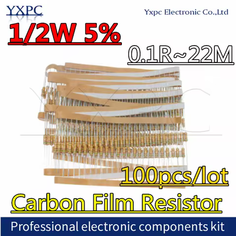 100pcs 1/2W 0.5W 5% Carbon Film Resistor 0.1R~22M 1M 1R 2.2R 10R 22R 47R100R 470R 1K 4.7K 10K 47K 1 