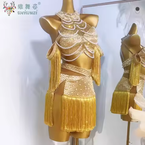 Latin Dance Professional Competition Women's High-end Customized Pearl Gold Tassel ChaCha Samba Perf