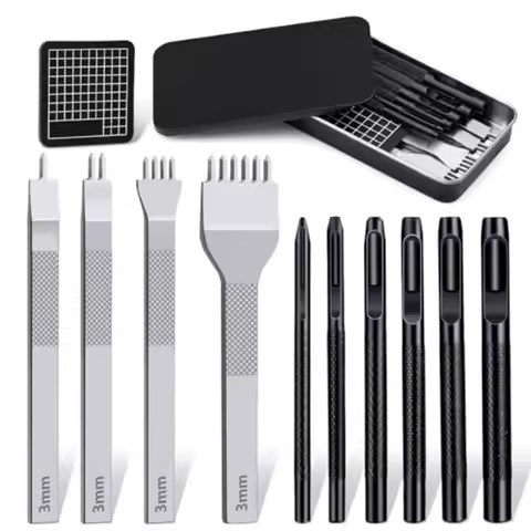 Leather Stitching Punch Hole Punch Tool Set, 3mm 1/2/4/6 Prong Punch Chisel, Round Hole Punch for Be