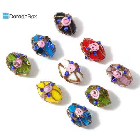 5PCs Vintage Lampwork Glass Flora Oval Beads Multicolor Flower Spacer Beads DIY Bracelets Women Jewe