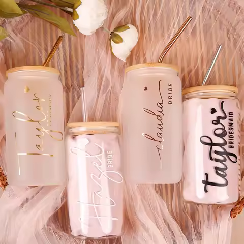 Bridesmaid Proposal Gift Personalized Glass Tumbler Clear or Frosted Glass Tumbler Bamboo Lid Coffee