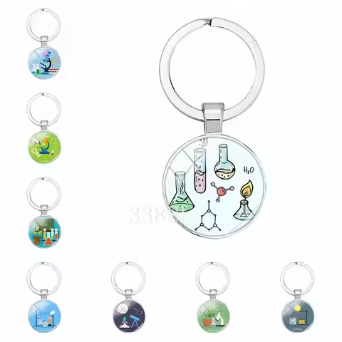 Fashion Jewelry Dome Glass Metal Keychain Chemistry Laboratory Microscope Gifts