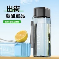 （500ml）大容量塑膠杯  簡約方形運動水杯  耐磨防漏透明塑膠杯  水樽  學生水壺  大容量運動水杯-PC黑色/ 500ML