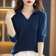 QIT Fashion V-Neck Solid Color Pullovers Sweater Womens Clothing Knitted T-shirt Half Sleeve Casual