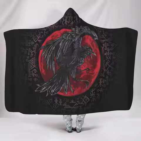 Coral Fleece Viking Norse Huginn & Muninn Odin's Ravens 3D Printed Hooded Blanket Cozy Blanket Hood 