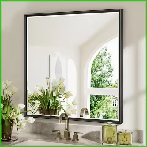 Mirror Black Framed Bathroom Mirror 36x36 Square Beveled Matte Black Metal Shatterproof Wall