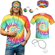 NebulaGlam Hippie Costume Men's Set, 60s 70s 80s Outfit, Men's 70s Clothing, Colourful T-Shirt, Disc