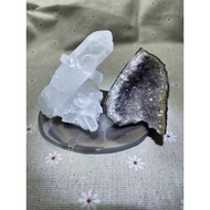 Set clear quartz cluster + raw amethyst geode Uruguay