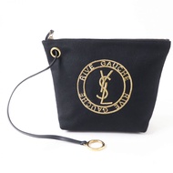 成色極佳：義大利製造 SAINT LAURENT PARIS 7110435 女士羊毛皮革手拿包，黑色和金色，附收納袋